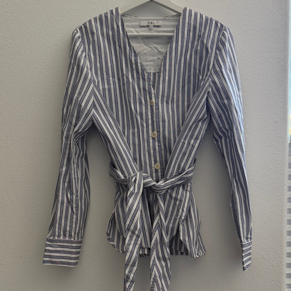 Tibi Vertical Striped V-Neck Button Blouse in Blue and White